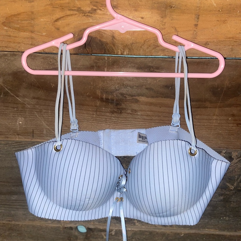 Fredricks of Hollywood blue pinstripe bra with tie in front